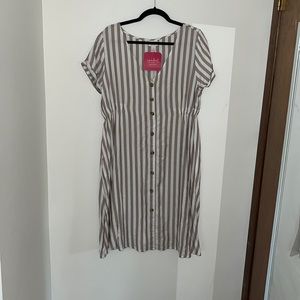 Maternity dress, stripes, button down, pockets, short sleeves, mid length